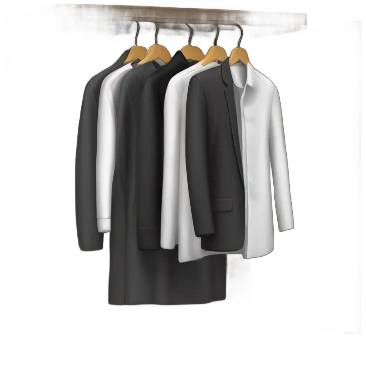 Design an emoji-style icon of an open wardrobe with clothes hanging inside. Include details like a wooden frame, hangers, and black clothing items such as shirts or any other clothing . Use a clean and minimalistic design. emoji