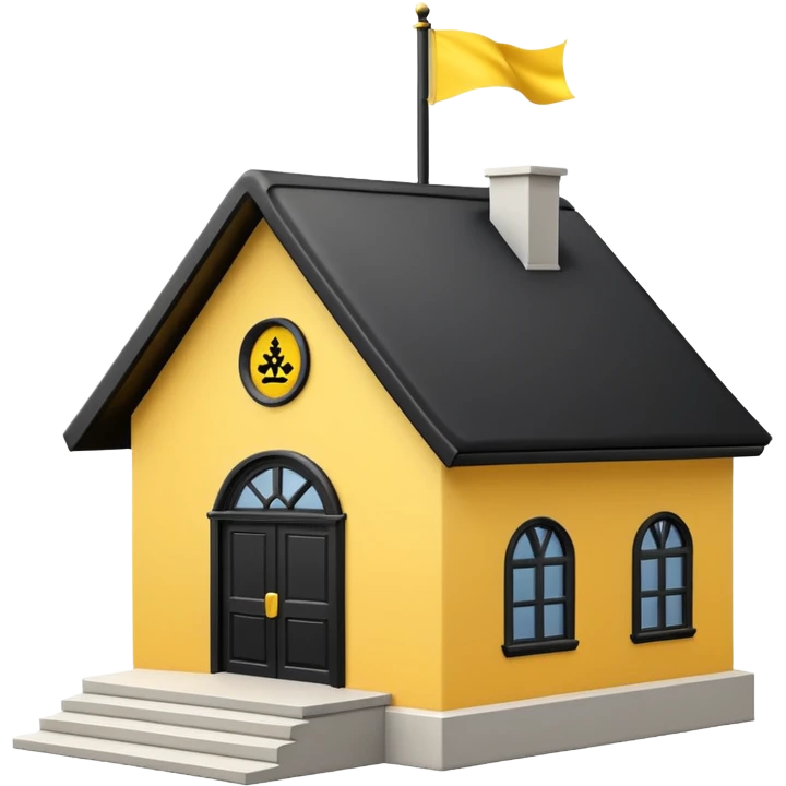 simple school, white background, magic school, black roof, with a big flag, big flag on a roof, big yellow flag, white school emoji