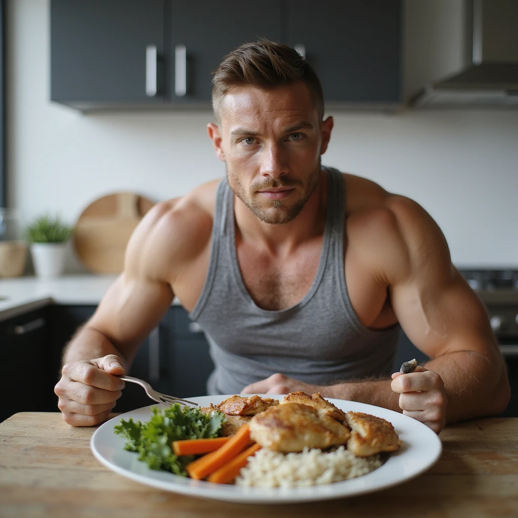 athletic man sitting at table following a healthy balanced diet, plate with healthy foods including chicken, vegetables, rice, motivational atmosphere, hyperrealistic 4K details, modern bright environment emoji