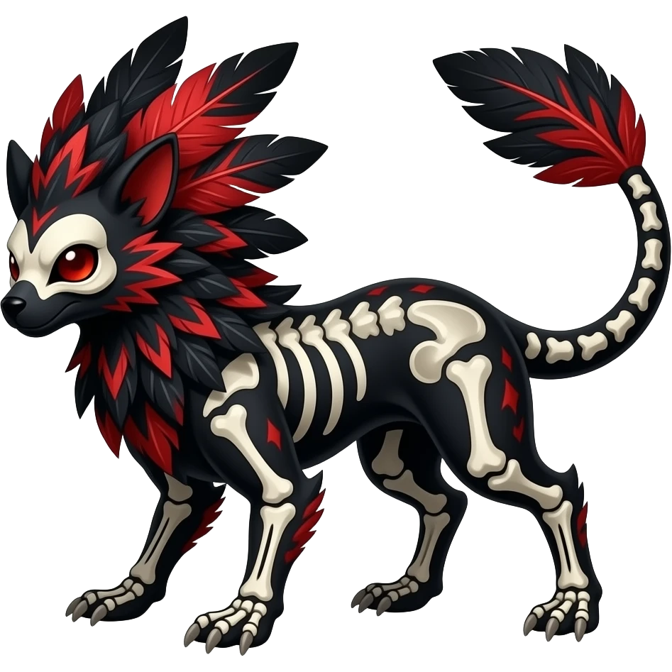 Rare black and red realistic dark edgy tropical tribal patterned feathery skeletal badass epic handsome gorgeous aesthetic colorful vibrant Vernid-Trico-species-Fakemon-creature by LiLaiRa, 4 legs, 1 tail, random markings, (full body) emoji