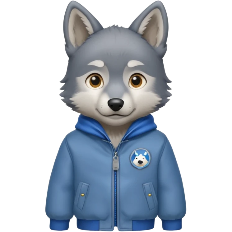 Wolf pup with soft fur and alert ears, jacket, half body, standing emoji