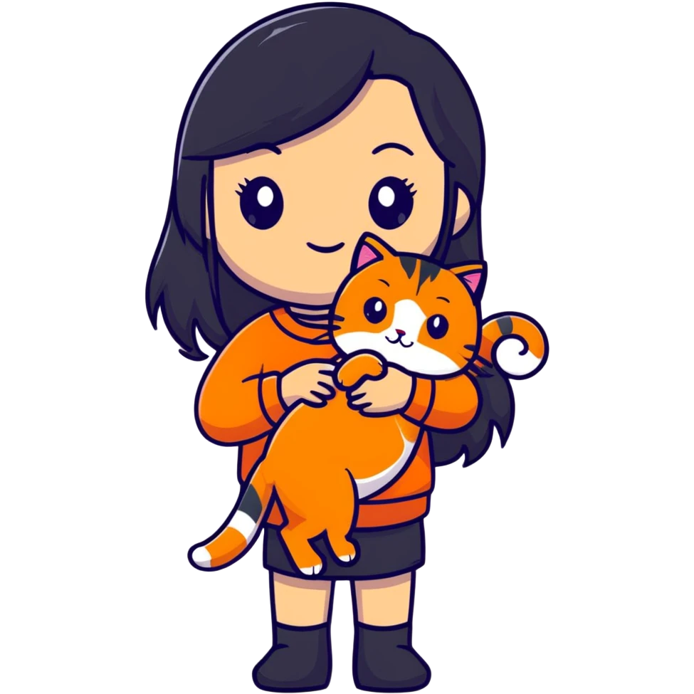girl with long black hair holding an orange cat emoji