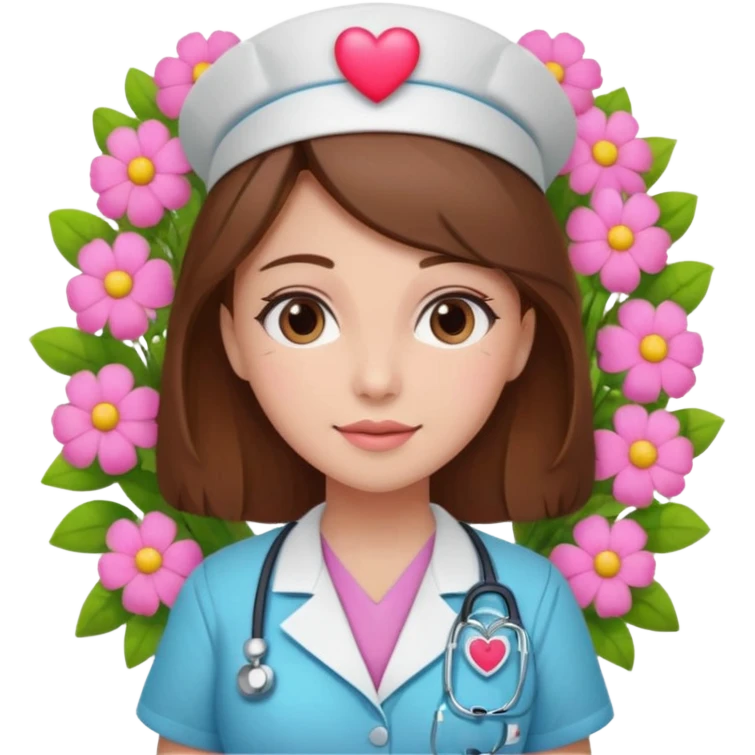Brown hair Nurse with pink heart and flowers surround her head emoji