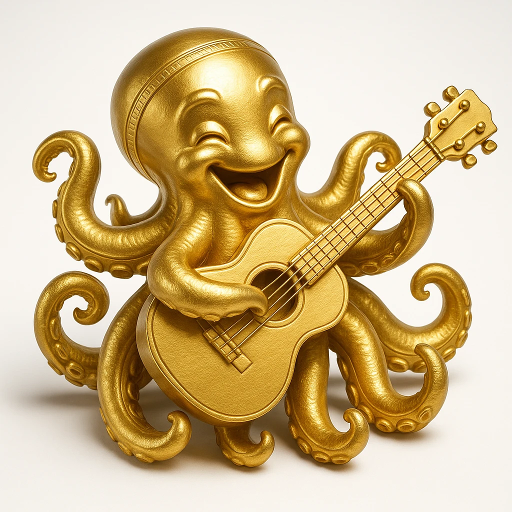 happy octopus with multiple arms playing guitar emoji