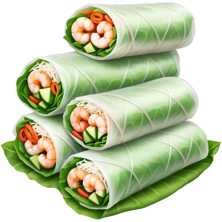 cinematic-realistic-vietnamese-summer-rolls-dish-emoji,-depicted-with-delicate-rice-paper-wraps-filled-with-fresh-vegetables-and-shrimp-rendered-with-crisp-textures-and-refreshing-lighting. emoji