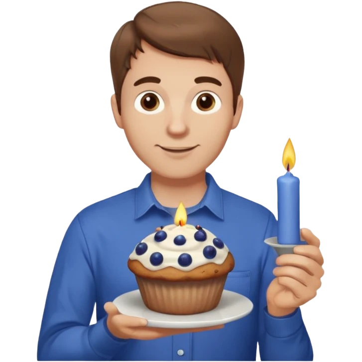 Make a white man with brown hair wearing a shirt that says happy b day Virginia holding a blueberry muffin with a birthday candle in it emoji