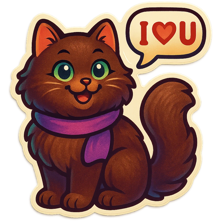 Fluffy happy smiling cute dark-brown cat with green eyes and a purple scarf saying ‘I ♡ U’ (with a speech bubble) emoji