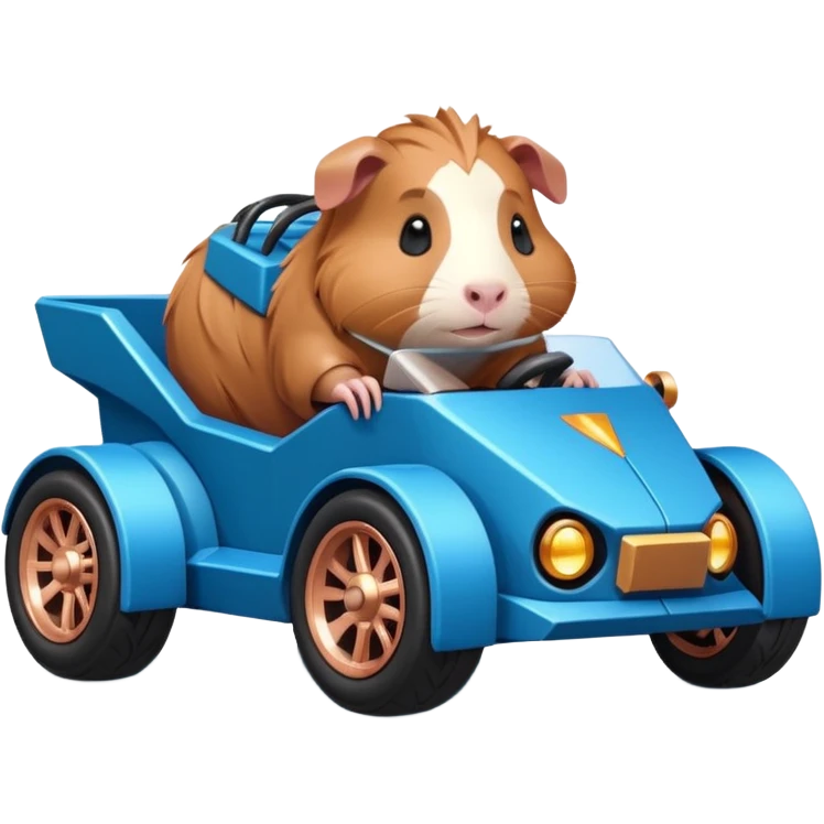 dark crystal blue and rosegold-accented cyber truck style-faceted-body electric racing car driven by a small cute but fearless Guinea pig with rear spoiler, roll bar, and wheely bar emoji