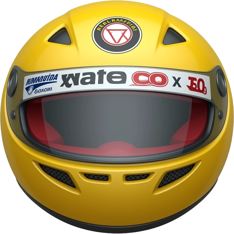 A scene of a yellow ball with helmet window at the front with racing car sponsors emoji