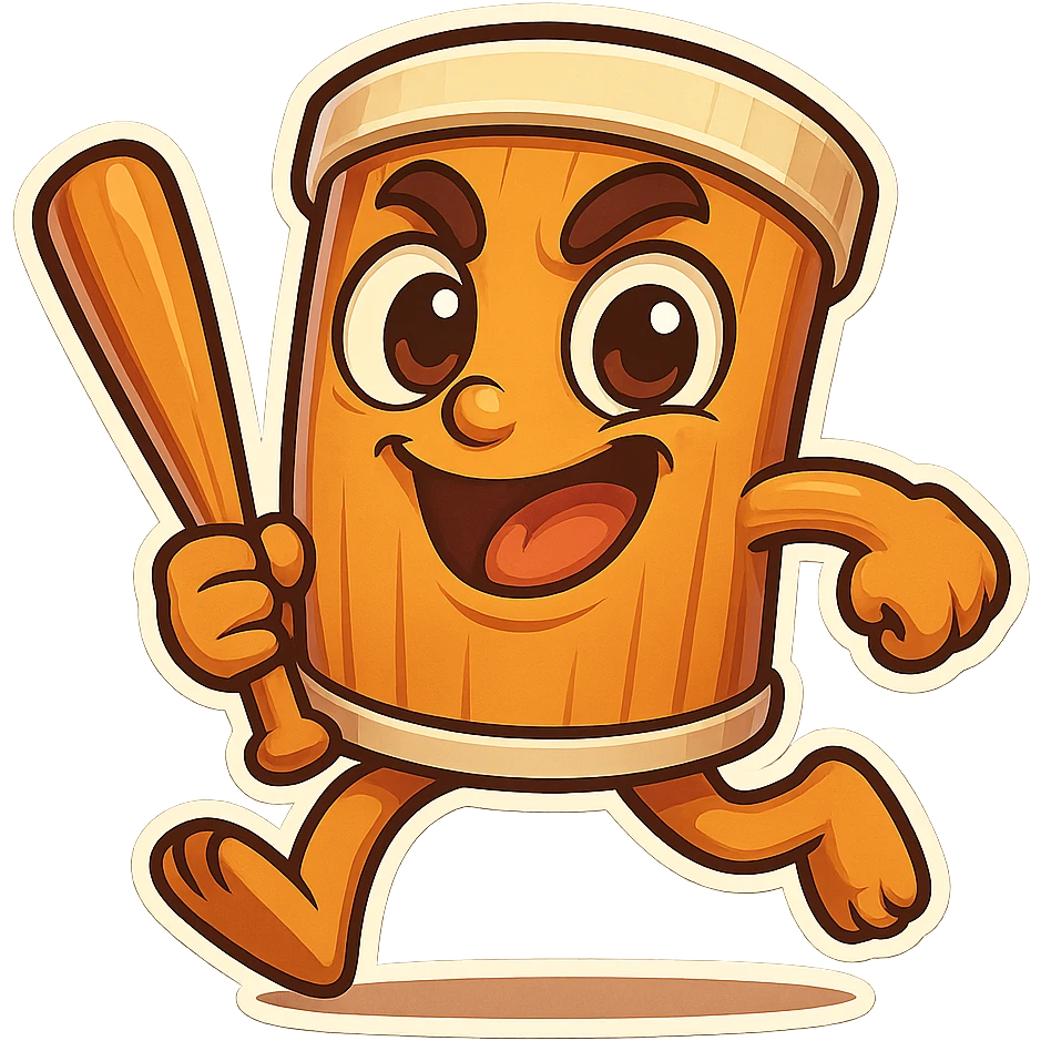 square image of absurd wooden stick-man creature, drum-like cylindrical body, holding baseball bat, cartoon style, bright vivid colors, expressive face, dynamic pose, a bit creepy yet funny,  emoji