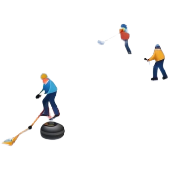 please, An icon featuring the curling rink, with its distinctive circles, and a vibrant crowd in the stands. Snowflakes fall outside the arena, and bright lights illuminate the ice. a curling stone sliding across the ice, with a broom nearby. Transparent background. emoji