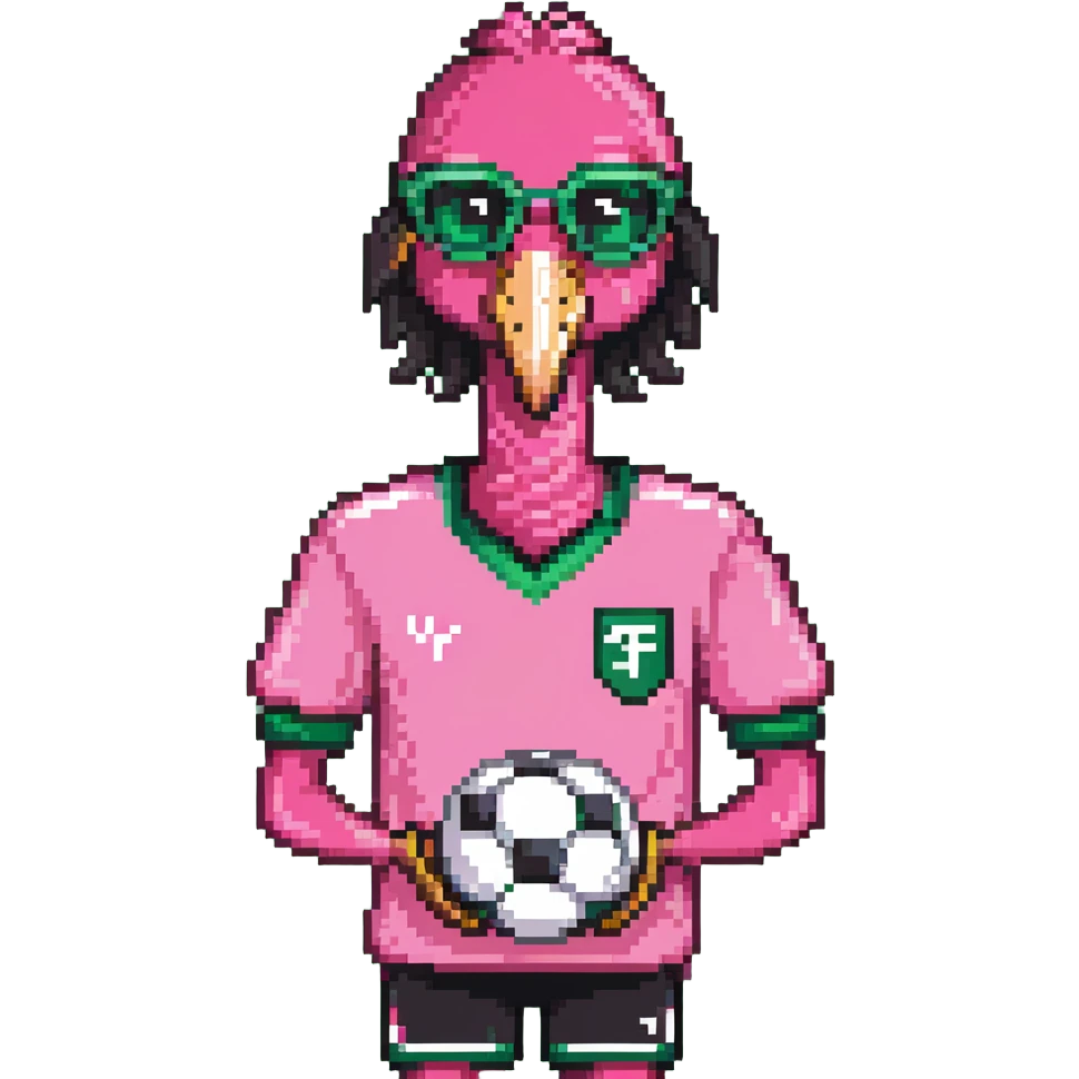 flamingo soccer player wearing sunglasses and a black and green jersey emoji