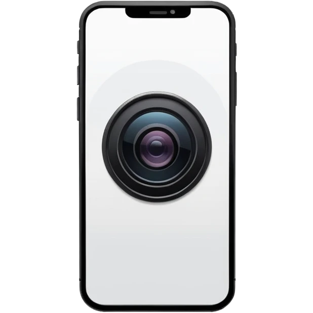 Minimalistic flat vector icon, iOS style, thin black contour on white background. Smartphone with a camera lens symbol. No text, no shadows.
 emoji