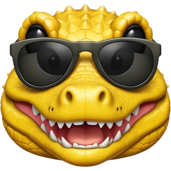 Cocodrilo feliz con boca cerrada mirando de frente que tengan lentes negros y sea color amarillo con fondo blanco emoji