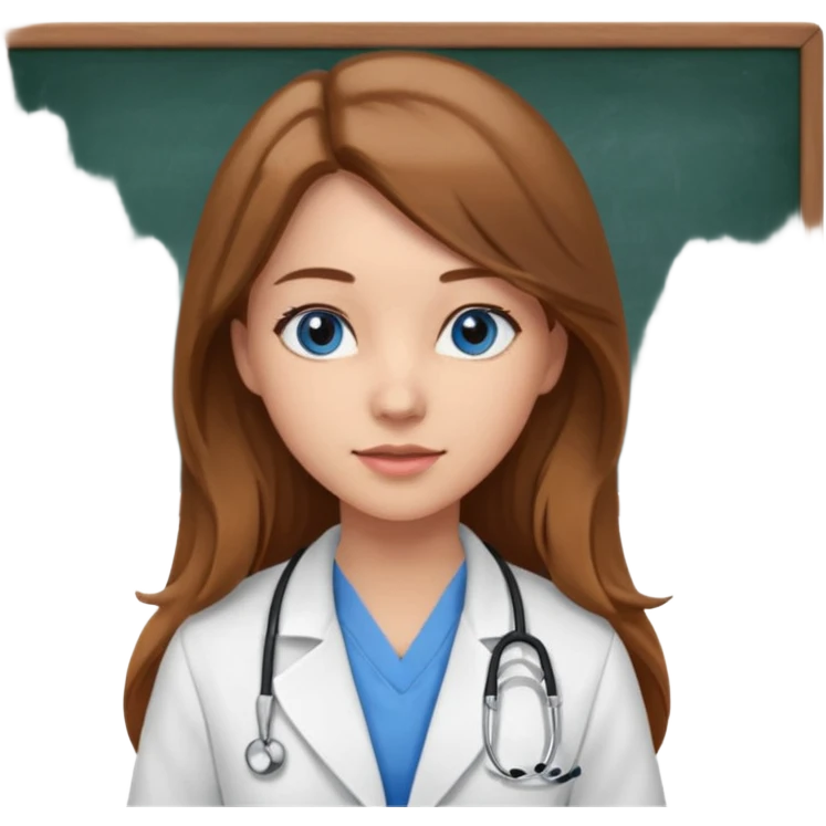 pretty female nursing student with long brown hair, blue eyes inside a classroom at university with blackboard behind her emoji