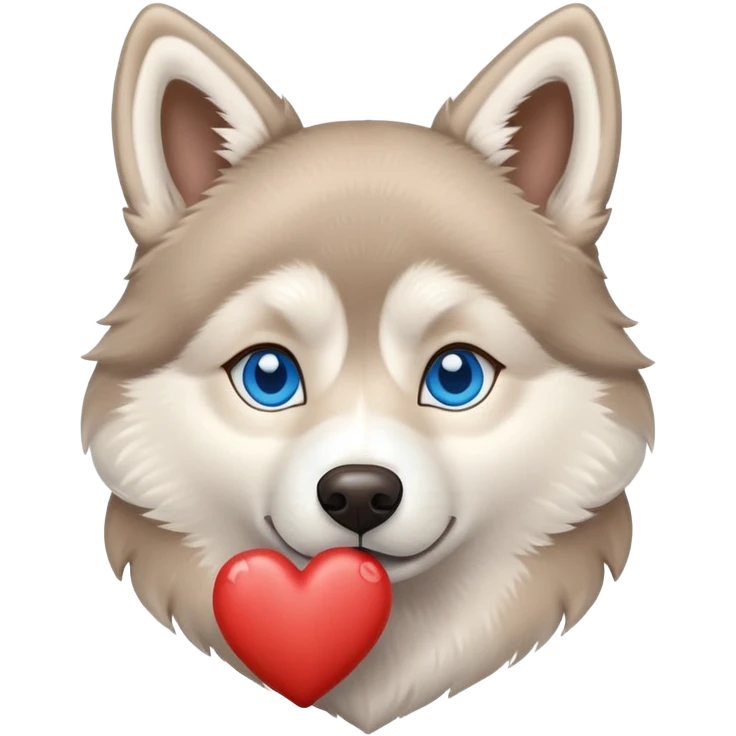 Beige husky with blue eyes holding a brown heart emoji