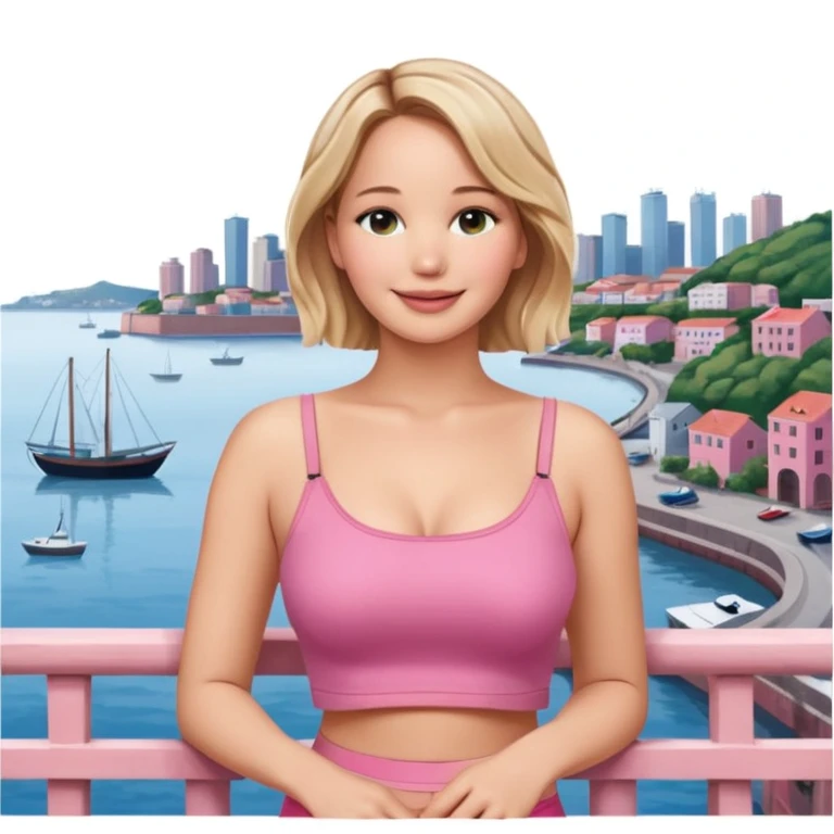 jennifer lawrence, pink crop top leaning on a balcony with a harbor and cityscape in the background, smiling emoji