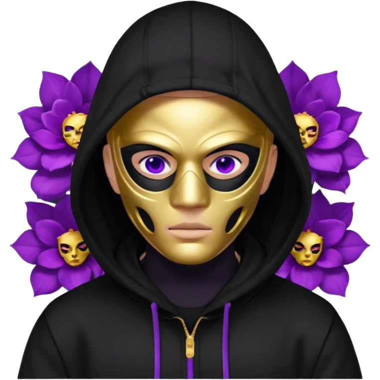 no visible face non human cartoon character related to a shadow, with all black clothes, focusing a black hoodie, and a versace face mask covering his entire face, just his purple shadow eyes making a light bloom emoji