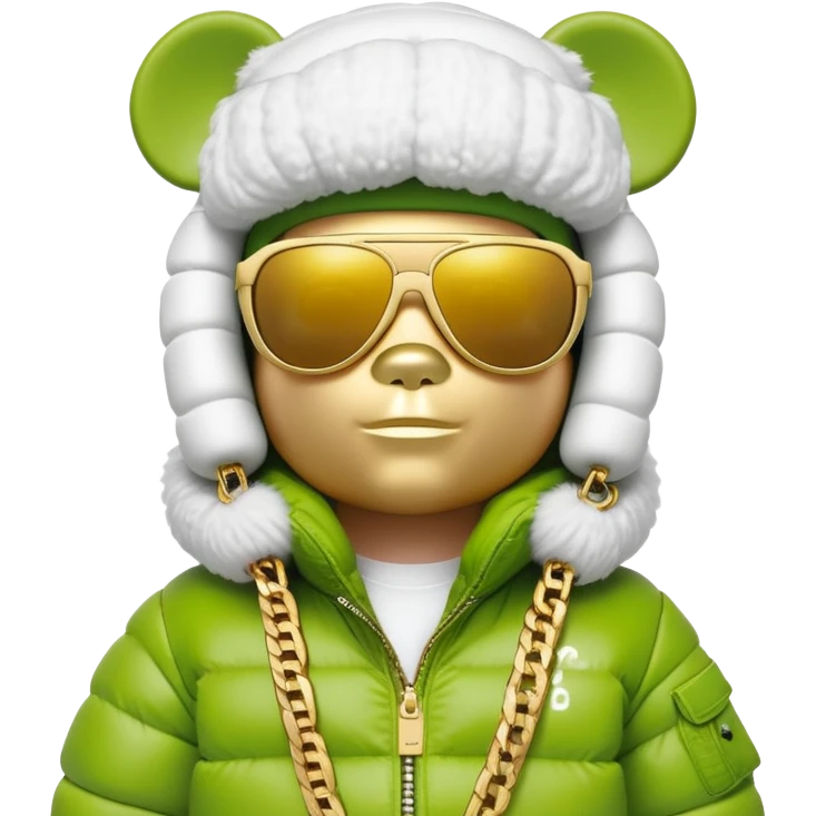 classic bearbrick in lime mask with graffiti tags, wearing sleek one-piece solid sunglasses visor spanning full width of face, oversized puffy jacket with plush fur trim, stacked gold chains, high fashion look emoji