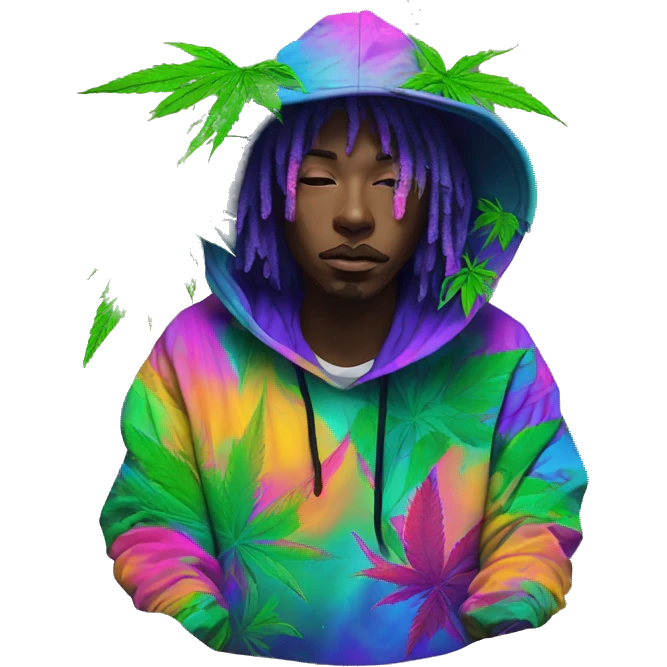 Hemp leaves Multicoloured neon person smoking wearing hoodie dancing hip hop bucket hat tropical Skater fashion aesthetic baggy clothes graphic t shirt 420 emoji