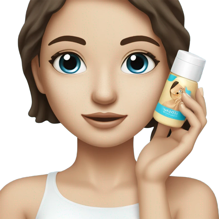 White Skin care on white freackles skin of a brunett blue eyed girl using skin care products  emoji