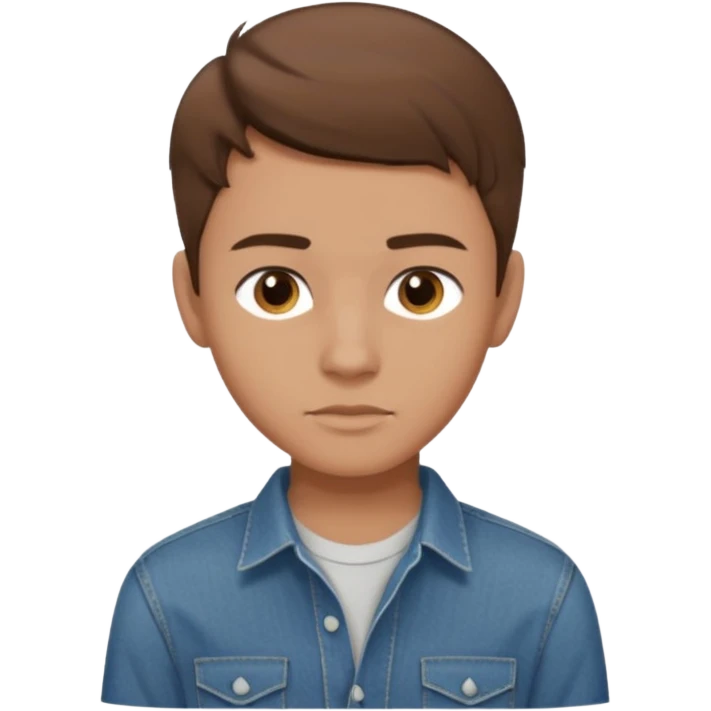 chico con tupe moderno hacia delante castaño, con los ojos marrones vestido con camisa y vaqueros que sea adolescente  emoji