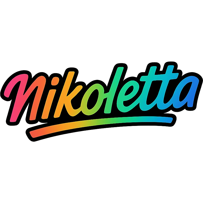 Nikoletta name in modern colorful gradient font with dark outline, dynamic slanted or partial underline, transparent background, in the style of reference patterns emoji