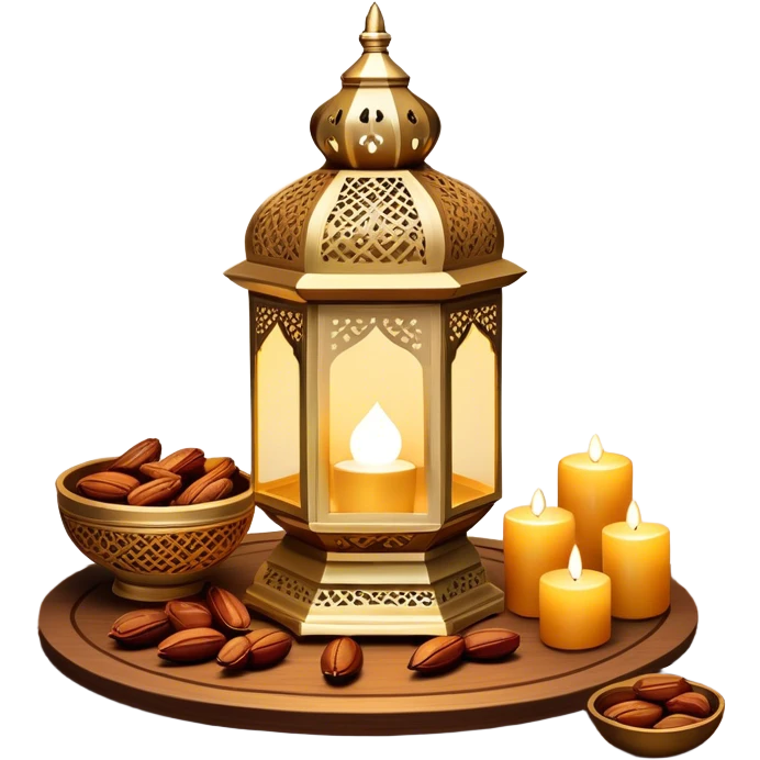 A beautifully warm and inviting Ramadan-inspired setting. A glowing ornate lantern sits on a wooden table, casting intricate patterns of light. Beside it, a decorative bowl filled with dates symbolizes hospitality and tradition.  emoji