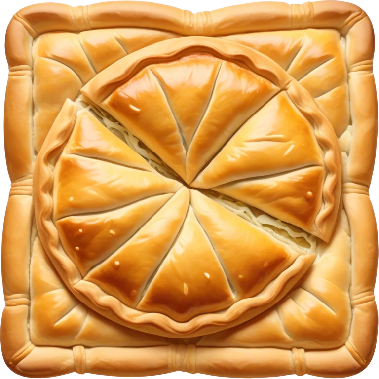 Burek sa Sirom Cinematic Realistic Burek sa Sirom Dish Emoji, depicted as a flat, flaky pastry filled with cheese, rendered with crisp textures and warm, inviting lighting. emoji