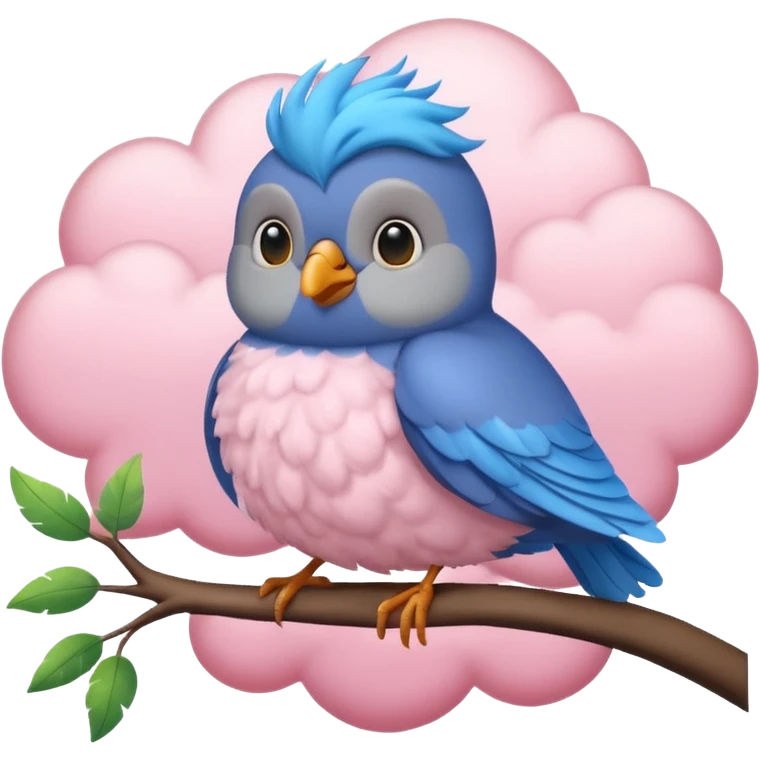 8K, 5000x5000px, Still life, Hyper realistic vivid, ultra detailed Grey and blue color cute bird with layered feathers, sitting in a lush tree. In front of a fluffy pink cloud. No emoji icons, no human figures, ultra realistic, very detailed, 3D rending. Transparent background  emoji