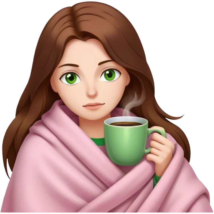 woman with very long brown hair and green eyes in a light pink blanket sleepy with coffee emoji