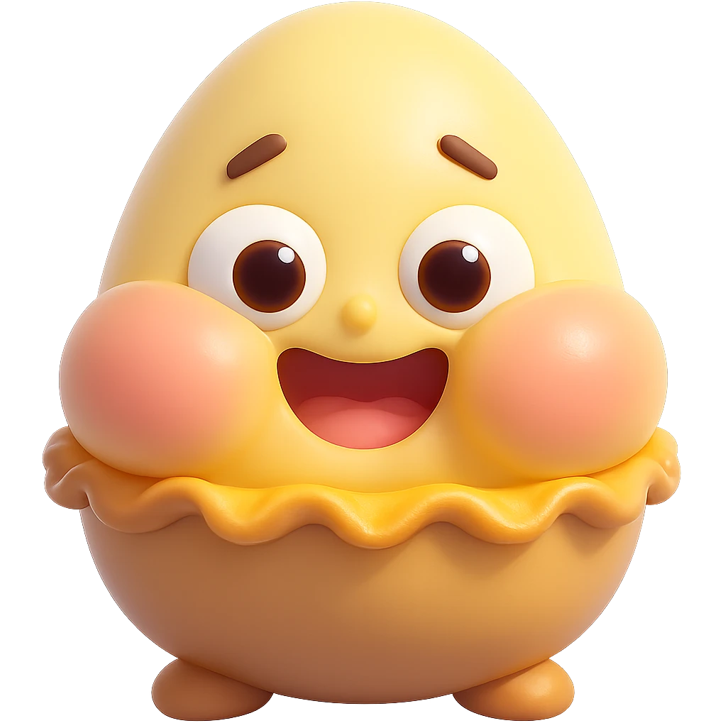 Make the cheeks even chubbier while keeping the cute 3D kawaii egg tart character style with a golden crispy tart shell, jiggly custard face, big watery eyes, expressive cartoon mouth, pastel color palette, comical exaggerated emotion, soft lighting, and glossy textures. Maintain transparent background and no text. emoji