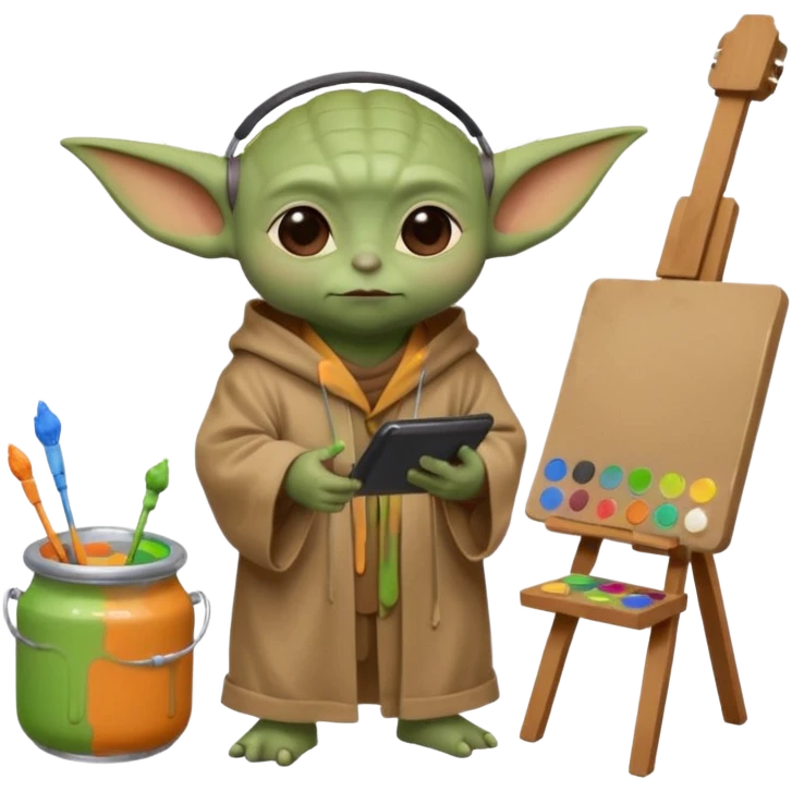 Baby Yoda in his brown robe listening music on his headphones, painting a picture on an easel and surrounded by paint pots. emoji
