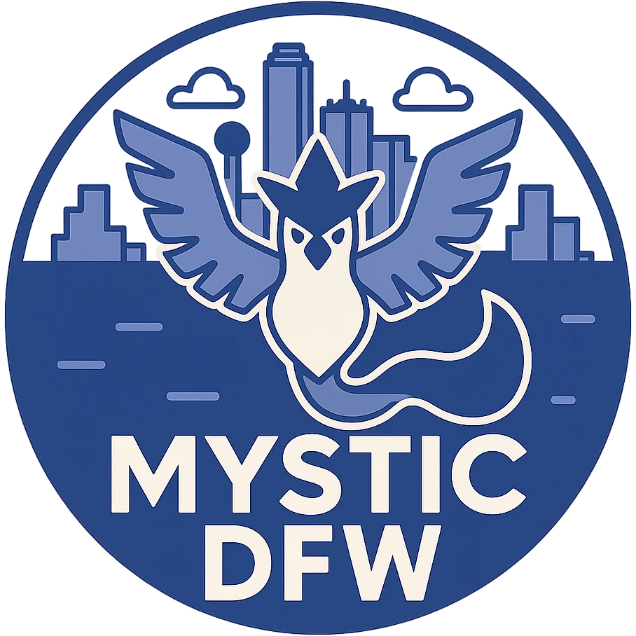 circular logo for Pokémon Go Team Mystic DFW combining Articuno emblem, Dallas-Fort Worth skyline, 'Mystic DFW' text in blue and white emoji