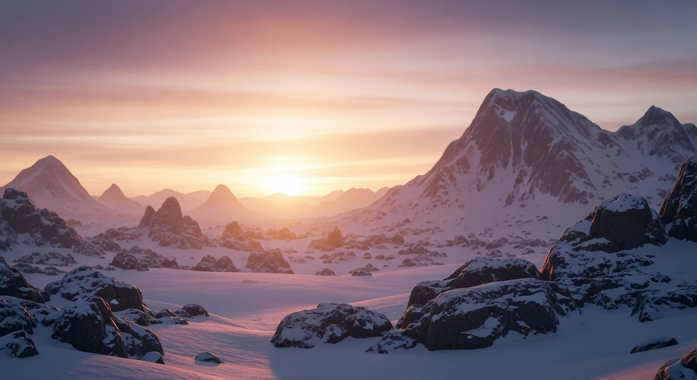 Cinematic, documentary photography, establishing shot, Warhammer 40.000 new title, in the style of snow scenes, ARRIFLEX 35 BL Camera, Canon K35 Prime Lenses, ethereal landscape, 70mm, dedication, Sunset, warm and vibrant colors, dedication emoji