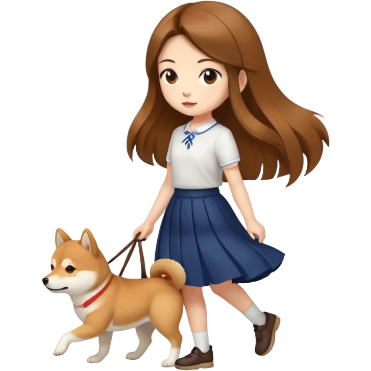 A girl with long brown hair and a skirt walking a Shiba Inu emoji
