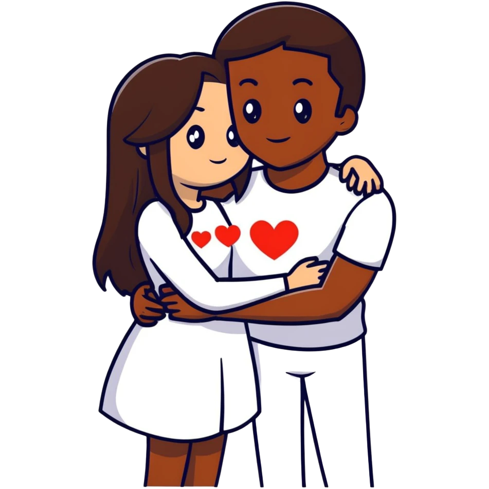 A couple embracing, man with mestizo brown skin and slightly long straight dark brown hair, woman with fair skin and long dark brown hair, with white hearts around them emoji