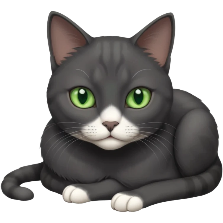 beautiful female solid dark grey cat with green eyes, white toes/paws and white patch on her chest lying down emoji