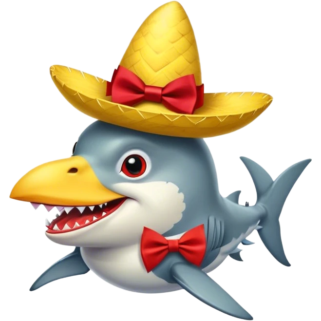 Chicken wearing a sombrero and bow tie riding a shark emoji