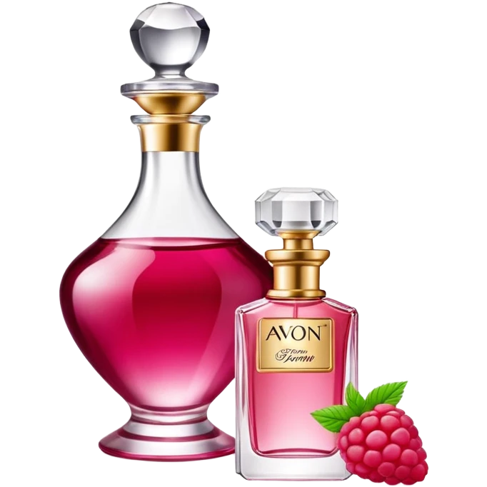 AVON women's perfume bottle next to raspberry bottle emoji
