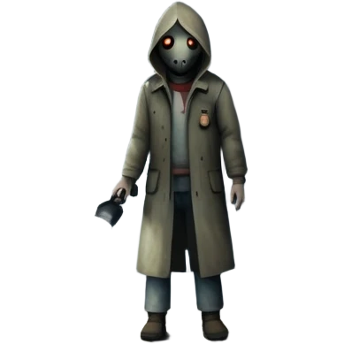 An icon depicting a dark, foggy street with eerie, abandoned buildings, inspired by Silent Hill 2. The design features a mysterious figure holding a flashlight, casting long shadows. A chilling atmosphere is created by dim lighting and unsettling details. Transparent background. emoji