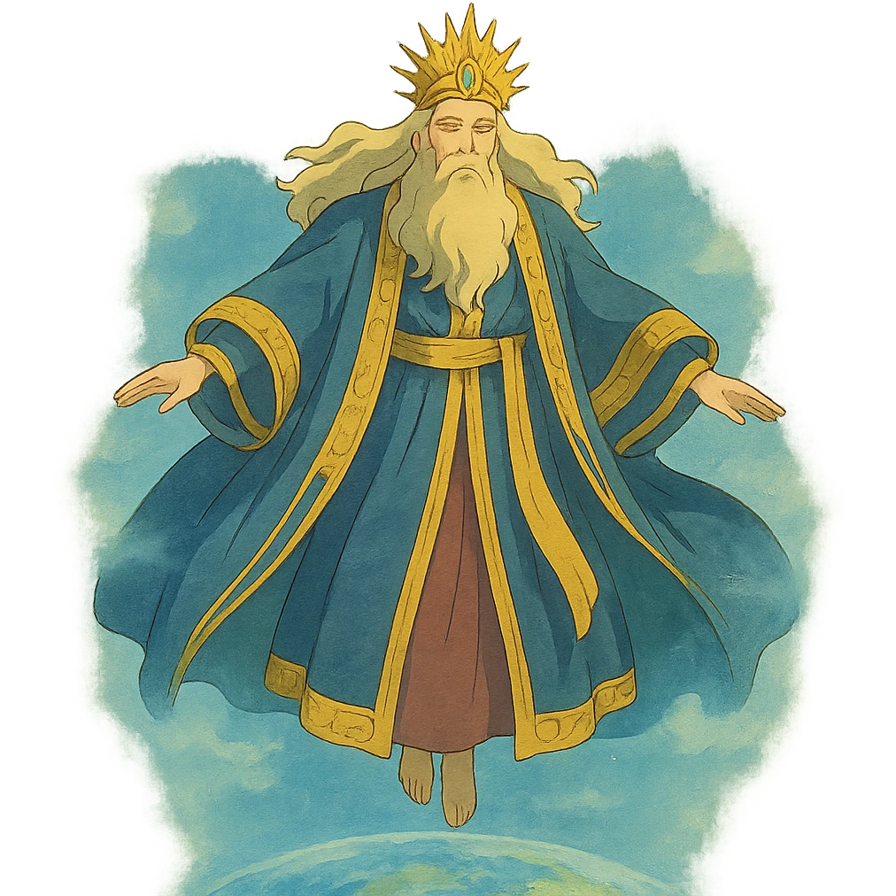 ghibli style godlike man with regal robes, floating above the world, ethereal atmosphere emoji