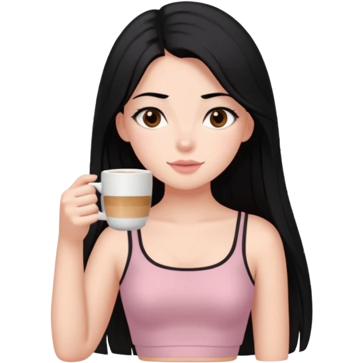 Bi tane ela gözlü koyu yeşil gözlü yani siyah uzun düz saçlı beyaz tenli bir kız üstünde toz pembe soft bir coquette crop var ve kahve içiyor emoji