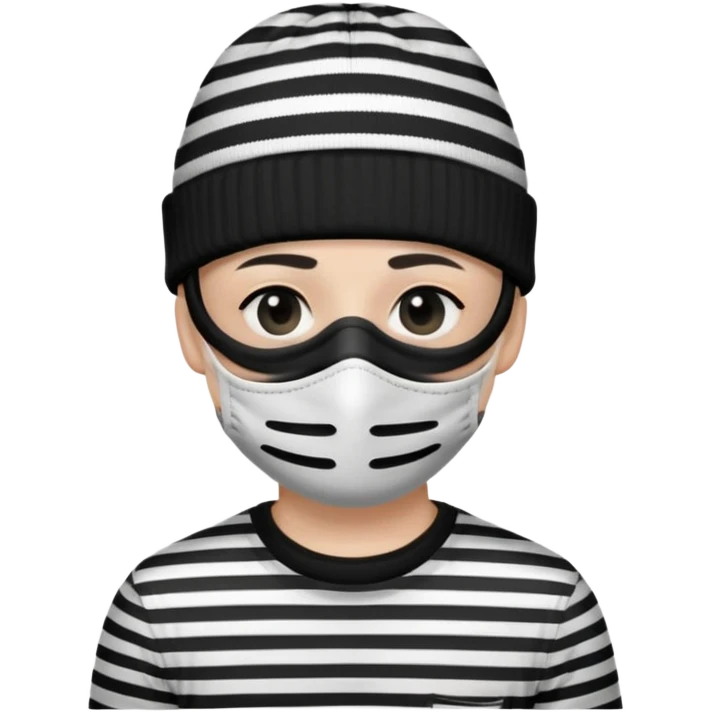 character with black and white striped shirt, black beanie, black mask over eyes emoji