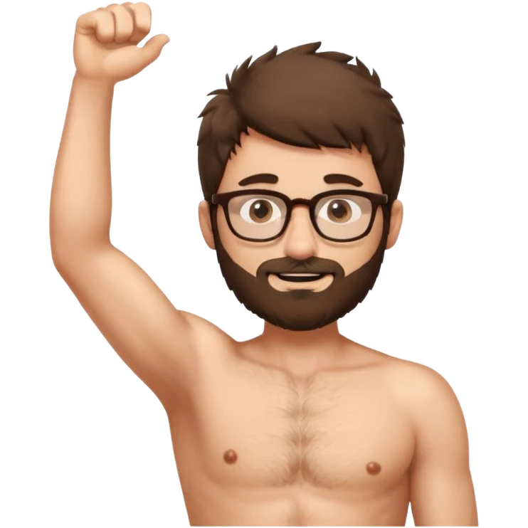 iOS emoji-style cartoon, light stubble, glasses, wide eyes, neutral skin tone, shirtless , very hairy chest , one arm up very hairy armpit. Lots of body hair  emoji