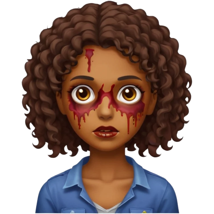 Faça uma garota zombie de cabelo cacheado castanho, olhos castanhos escuro e pele parda com o cabelo menos volumoso e no ombro emoji