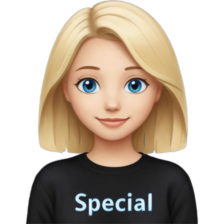 a new character a girl with shoulder length blonde hair wearing black clothes and wearing a cheeky smile she has blue eyes her black sweater has an emo style badge remove the badge and instead add the words special emoji