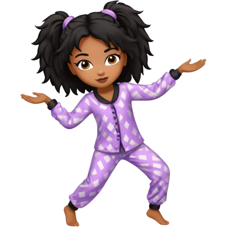 generate a pretty bratz brown skinned girl with messy black hair in pyjamas dancing in room emoji