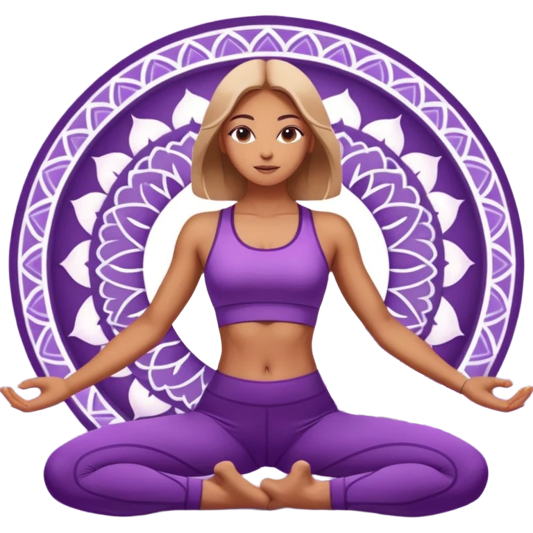A woman in purple activewear lifting her hips in bridge pose, glowing light, gentle mandala pattern behind. emoji