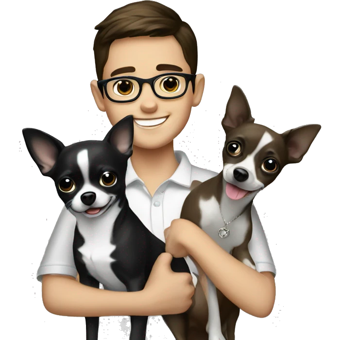 smiling brunette boy with jewelry and eyeglasses indoors and black & white chihuahua dog emoji